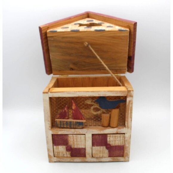 Recipe Box Wooden House Shabby Chic Beach Drawers Open Hinged Vintage 9.75 Inch - Picture 10 of 16